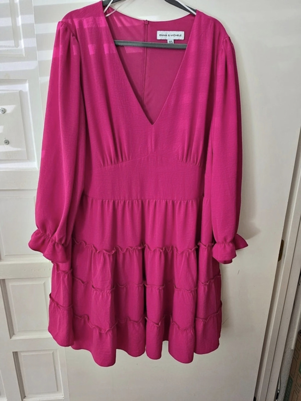 EMMA & MICHELE Magenta Tiered V-Neck Long-Sleeve Dress Pink 20W